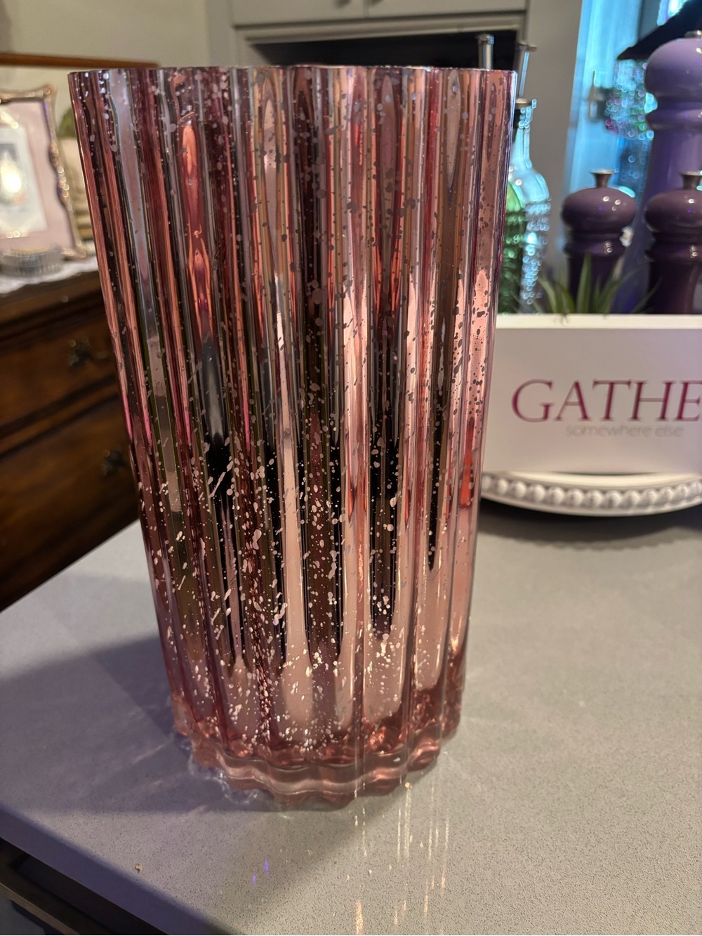 Pink Ribbed Mercury Glass Decorative Vase with Fairy String  Stylish Home Accent